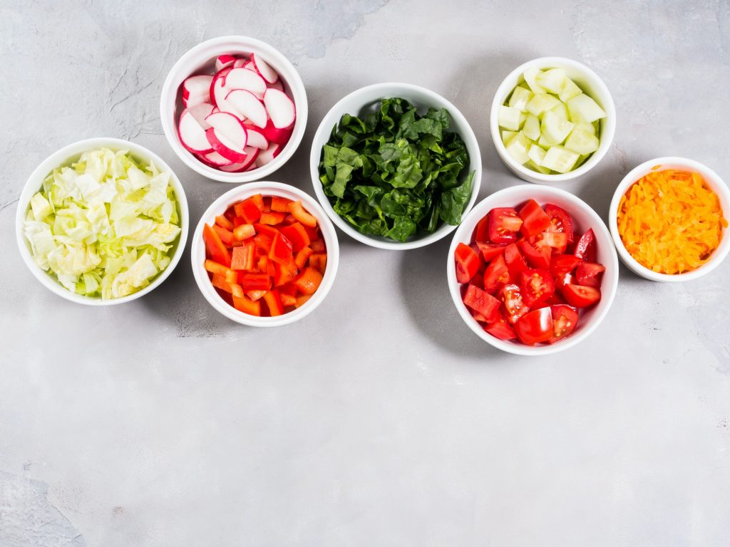 Mix of vegetable bowls for salad or snacks