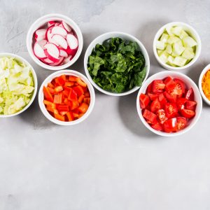 Mix of vegetable bowls for salad or snacks