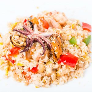 Risotto with seafood and vegetables.